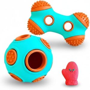 Dog Chew Toys 3 Pack, Squeaky Toy, Treat Dispensing Slow Feeder for Large and Medium Dog, Multifunctional Teeth Cleaning and Gum Massage (Bone-Ball-Glove)