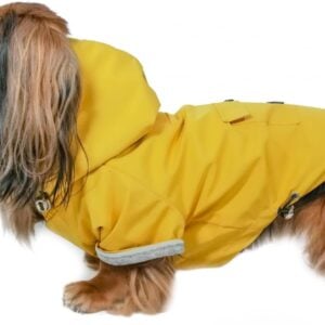 DJANGO Highland Dog Jacket & Raincoat – Water-Repellent, Lined Dog Coat with Hood, Adjustable Fit & Harness Hole – Lightweight Rain & Wind Jacket for Small & Medium Dogs up to 30 lbs (Yellow, X-Small)