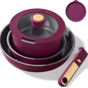 CAROTE Ceramic Pots and Pans Set, Nonstick Cookware Set Detachable Handle, 6pcs Induction Kitchen Cookware Sets Non Stick with Removable Handle, RV Cookware Set, Oven Safe, Purple