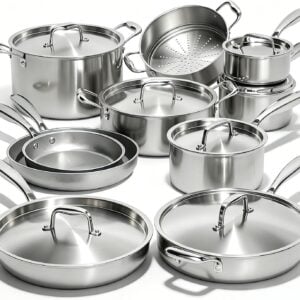 Umite Chef 17Pcs 5 Ply Clad Stainless Steel Cookware Set with Lids, Heavy Duty Pots and Pans Kitchen Set, Induction-Ready, Dual Aluminum Core for Even Heat, Cool Grip Handles, Dishwasher Safe