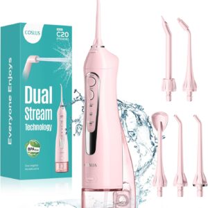 COSLUS Water Dental Flosser Teeth Pick C20: Portable Cordless Oral Irrigator 300ML Rechargeable Travel Irrigation Cleaner IPX7 Waterproof Electric Flossing Machine for Teeth Cleaning, Pink