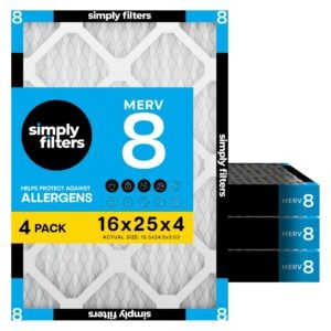 Simply 16x25x4 Air Filter MERV 8, 4 Pack, For Home AC Furnace & HVAC (Actual Size: 15.5"x24.5"x3.63") DUST Pet & Allergy Control,, 16x25x4