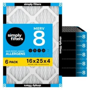 Simply 16x25x4 Air Filter MERV 8, 6 Pack, For Home AC Furnace & HVAC (Actual Size: 15.5"x24.5"x3.63") DUST Pet & Allergy Control, 16x25x4