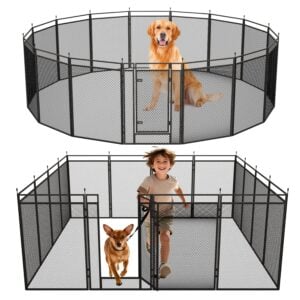 Dog Fence with Safety Mesh, 32" Height 16 Panels Metal Pet Playpen Indoor Outdoor, Portable Dog Fence Outdoor for Yard,Camping& RV | Black-Silver
