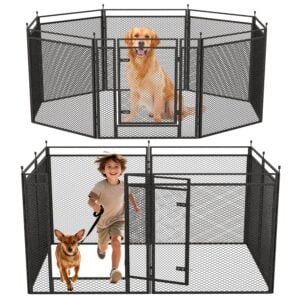 Dog Fence with Safety Mesh, 40" Height 8 Panels Metal Pet Playpen Indoor Outdoor, Portable Dog Fence Outdoor for Yard,Camping& RV | Black-Silver
