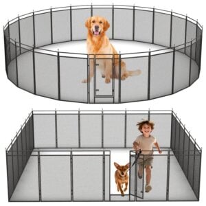 Dog Playpen with Safety Mesh, 32" Height 24 Panels Metal Dog Fence Indoor Outdoor, Portable Dog Kennel for Camping, Yard & RV | Black-Silver