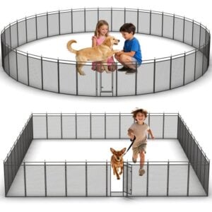 Dog Playpen with Safety Mesh, 40" Height 40 Panels Metal Dog Fence Indoor Outdoor, Portable Dog Kennel for Camping, Yard & RV | Black-Silver