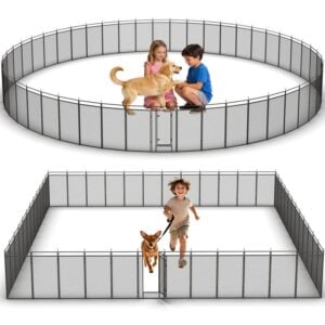 Dog Playpen with Safety Mesh, 47" Height 48 Panels Metal Dog Fence Indoor Outdoor, Portable Dog Kennel for Camping, Yard & RV | Black-Silver