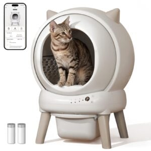 Automatic Litter Box, ZHMZ Self Cleaning Litter Box for Multiple Cats, Large Space Auto Robot with Dual Safety Sensors, Odor-Control with Mat,2 Roll Garbage Bags,Ivory White