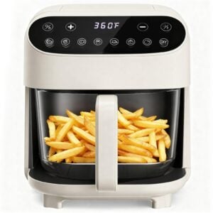 Electactic 5 QT Glass Air Fryer, PFAS Free & Dishwasher Safe Basket, 360° Clear View Window, 8 Preset Touchscreen, Fast Healthy Cooking, White, Classic White, 1