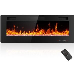 Electactic 50-Inch Electric Fireplace, 12 Flame Colors, Remote Control | Ultra-thin 3.94-inch profile with touch controls, overheat protection, and low-noise sleep mode for added comfort., Matte Black, 50 Inch