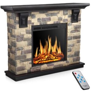 Electactic 50" Electric Fireplace TV Stand, Fireplace with Faux Stone-Look Mantel, Realistic 3D Flame Effect, 7 Brightness, 750/1500W Dual Heat Settings, Remote Control, Living Room/Bedroom(Rectangle), Rectangular