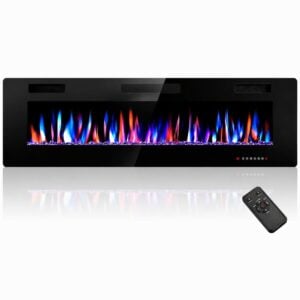 Electactic 60-Inch Electric Fireplace, 12 Flame Colors, Remote Control | Ultra-thin 3.94-inch profile with touch controls, overheat protection, and low-noise sleep mode for added comfort., Matte Black, 60 Inch