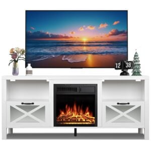 Electactic Electric Fireplace TV Stand with Mantel & Storage, Features Realistic LED Flame Insert, Remote, 7 Brightness Settings, Overheat Protection, for Living Room Furniture or Bedroom Fireplace, 60"