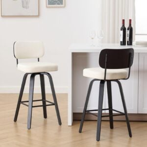 Bekrvio Swivel Bar Height Stools Set of 2, Upholstered Faux Leather Barstools with Back, 29" Seat Height Tall Bar Stools for Kitchen Counter, Black Wood Frame, Cream White