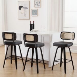 Bekrvio Swivel Bar Height Stools Set of 3, Upholstered Faux Leather Barstools with Rattan Back, 29" Seat Height Tall Bar Stools for Kitchen Counter, Black Wood Frame, Black