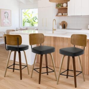 Bekrvio Swivel Counter Height Bar Stools Set of 3, Mid-Century Modern Upholstered Faux Leather Barstools with Wood Back, 26" Seat Height Bar Stools for Kitchen Island, Black Seat and Walnut Frame