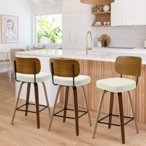 Bekrvio Swivel Counter Height Bar Stools Set of 3, Mid-Century Modern Upholstered Faux Leather Barstools with Wood Back, 26" Seat Height Bar Stools for Kitchen Island, Cream Seat and Walnut Frame