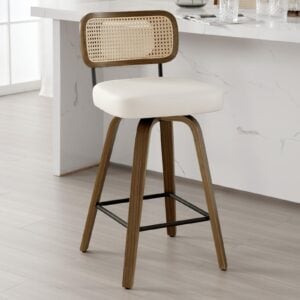Bekrvio Swivel Counter Height Bar Stools, Upholstered Faux Leather Barstools with Rattan Back, 26" Seat Height Bar Chairs for Kitchen Island, Bentwood Wood Frame, Cream White