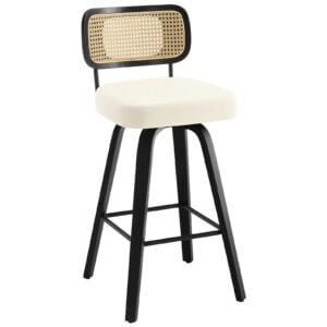 Bekrvio Swivel Counter Height Bar Stools, Upholstered Faux Leather Barstools with Rattan Back, 26" Seat Height Bar Chairs Island Stools for Kitchen Counter, Black Wood Frame, Cream White
