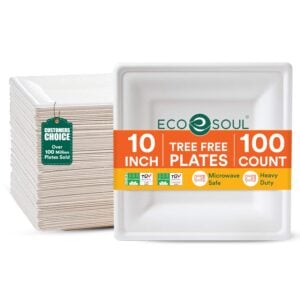 ECO SOUL 10 Inch Disposable Bagasse Paper Plates (100 Pack, Square)