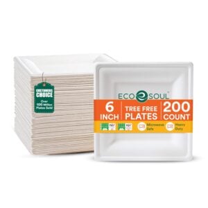 ECO SOUL 6 Inch Disposable Bagasse Paper Plates (200 Pack, Square)