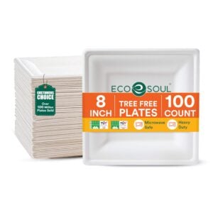 ECO SOUL 8 Inch Disposable Bagasse Paper Plates (100 Pack, Square)