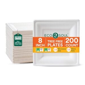 ECO SOUL 8 Inch Disposable Bagasse Paper Plates (200 Pack, Square)