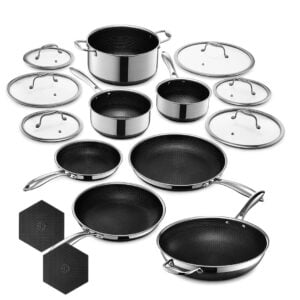 HexClad Hybrid Nonstick 15-Piece Cookware Set, 12" Wok, 8", 10", and 12" Pans with Lids, 2, 3, and 8Qt Pots with Lids, and 2 Silicone Trivets, Stay-Cool Handles, Dishwasher and Oven-Safe