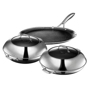 HexClad Hybrid Nonstick 5-Piece Cookware Set, 14" Pan with Lid, 14" Wok with Lid, and 12" Griddle, Stay-Cool Handles, Dishwasher and Oven-Safe, Induction Ready, Compatible with All Cooktops