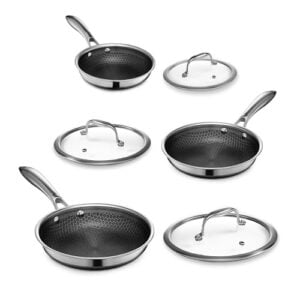 HexClad Hybrid Nonstick 6-Piece Cookware Set, 7", 8", and 10" Pans with Lids, Stay-Cool Handles, Dishwasher and Oven-Safe, Induction Ready, Compatible with All Cooktops