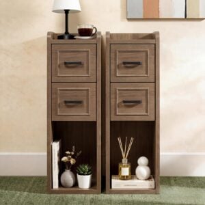 BERRY NEST Narrow Nightstand Set of 2, Modern Small Bedside Table with Drawers & Open Shelf, Modern End Table for Bedroom Small Spaces, Apartments, Renters, Walnut