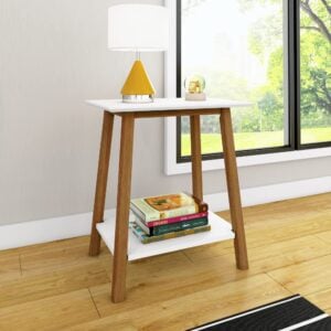 Max & Lily Mid-Century Modern Nightstand with Shelf, White/Pecan | Low VOC Finishes, Easy Assembly, Nightstand with Shelf, White/Pecan