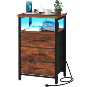 Yoobure Night Stand with Charging Station, 16 Colors LED Nightstand with USB Ports and Outlets, 3 Fabric Drawers and Storage Shelf, Bedside Tables Small Dresser for Small Space, Red Brown