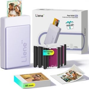 Liene Pearl N200 Pro Portable Photo Printer, Instant Mini Picture Printer for iPhone Smartphone, Thermal Dye Sublimation, Bluetooth Sticker Printer 50 Sheets 2x3 Adhesive Paper & 5 Cartridges, Purple