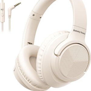 Botesty Sound Headphones Wired with Microphone, Over Ear Foldable 3.5mm Plug in Headphones Corded with 4.9ft Tangle-Free Nylon Cord for Tablet, Laptop, MP3/4, School, Airplane Travel (Beige)