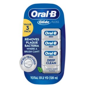Oral-B Glide Dental Floss, Shred Resistant, Gentle on Gums, Natural Wax, Slides Smoothly, Deep Clean Cool Mint Flavor, 40 M, 3 Count