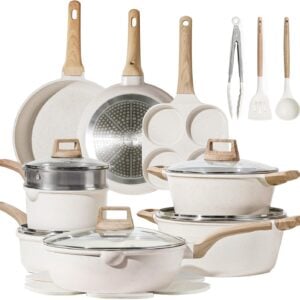 CAROTE 21Pcs Pots and Pans Set, Nonstick Cookware Sets, White Granite Induction Cookware Non Stick Cooking Set w/Frying Pans & Saucepans(PFOS, PFOA Free) Mothers Day