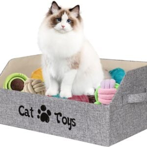 19.7 in Cat Toy Bin, Cat Toy Storage Box Kitten Toy Basket Collapsible Pet Supplies Storage Chest Holder Organizer with Handles for Organizing Dogs Cats Toys Clothes Accessories, Gray