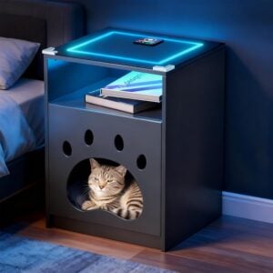 Night Stand with Charging Station, Wooden Bedside Table with LED Lights, Dark Grey Side Tables with Sliding Drawer, Modern End Table with Storage Spacey (Glass Night Stand)