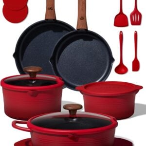 CAROTE 20Pcs Titanium Cookware Set, Pots and Pans Set Non Stick, Kitchen Cooking Set with Detachable Handle, Non Toxic Induction Cookware - Camping Cookware, Dishwasher/Oven Safe, Red