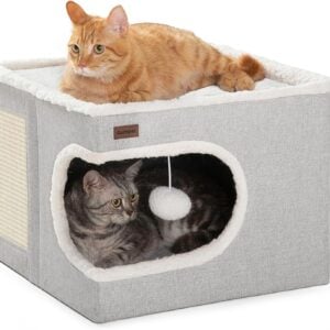 Garnpet Cat Bed for Indoor Cats Cube House, Covered Cat Cave Beds & Furniture with Scratch Pad and Hideaway Tent, Cute Modern Cat Condo for Multi Small Pet Large Kitten Kitty, Grey